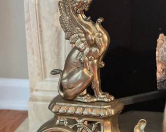 Antique Brass Gothic Griffin Sphynx Fireplace Andirons