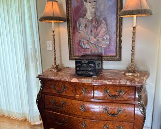 Bombe Bronze Ormolu Marble Top French Satinwood Dresser