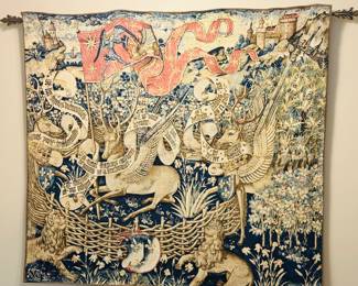 Winged Stags With Lions, Coats Of Arm Bourbon Family Royal French Heraldic Tapestry With Saint Michael Flag Tapestry