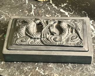 Antique Hand Carved Chinese Black Slate Dragon Holding Orb Ink Box