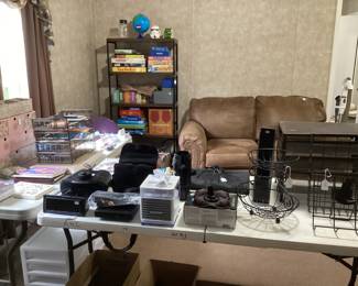 Office supplies, binoculars, GPS, radio/CD player