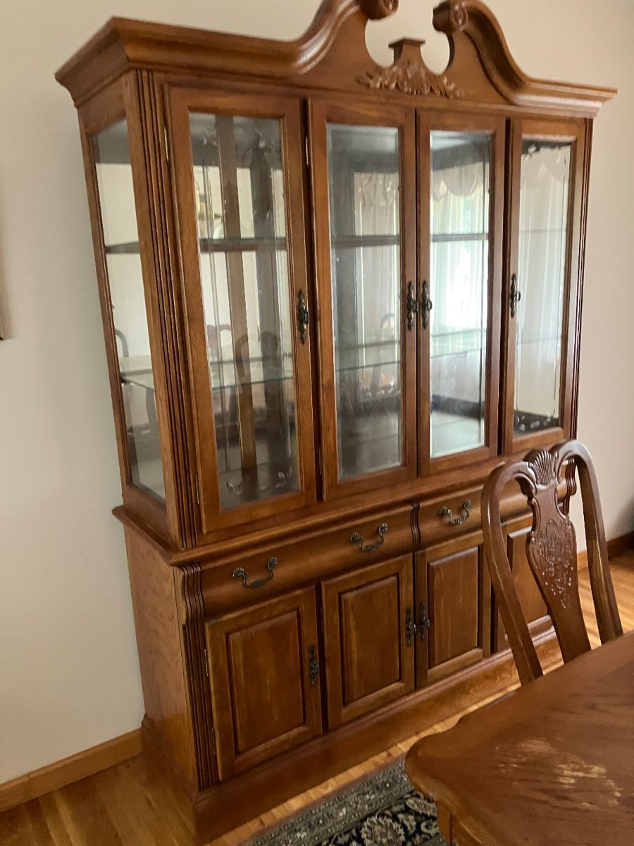 Dining room set table and six chair, chairs and hutch