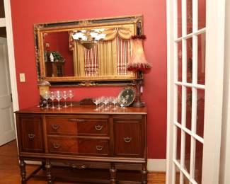 Antique Buffet, Various Wine/Champagne Glasses and Lamps
