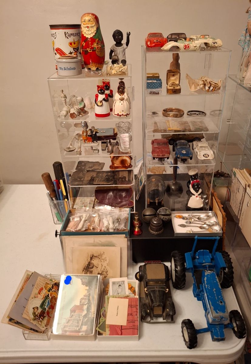 Very Nice Variety of Antique Goodies Including Aunt Jemimma S&P Shakers, Mini Bisque Dolls, Local Adverting Pieces, Local Postcards, Ford Toy Tractor, 4 Vintage Slot Cars, Slot Car Bodies, Parts and Track, Tin Type Pictures, 1960s License Plate Year Tags and More!