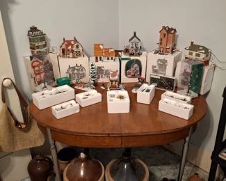 Very Nice Dining Table with Dept. 56 Dickens Village on Top and Lots of Crocks and Crock Jugs Here!