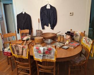 Lots of Vintage Kitchen Items, 2 Victorian Style Jackets, Silk Pillow Cases and a Beautiful Oak Table with 6 Chairs!