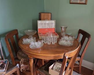 Very Nice Dining Table and 4 Chairs, Daffodil Flatware Set, and Many Glass Luncheon Sets!