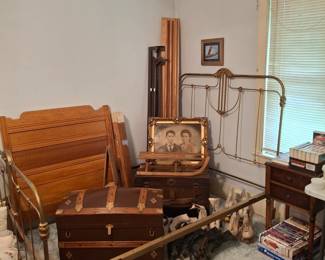 Antique Iron Bed, Picture and Trunks! Lots of Ice and Roller Skates too and a Twin Size Bed!