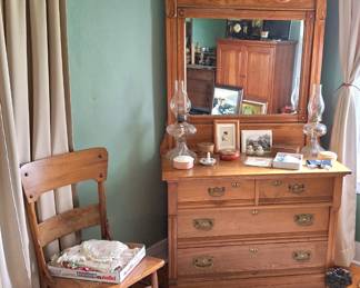 Excellent Ornate Antique Dresser with Mirror! 1 of Many Cane Bottom Chairs!