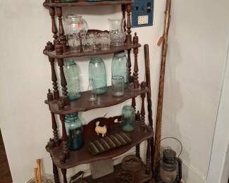 Variety of Blue Mason Jars, Iron Collection, Walking Sticks, Kerosene Lantern, Large Pickle Jar and More!
