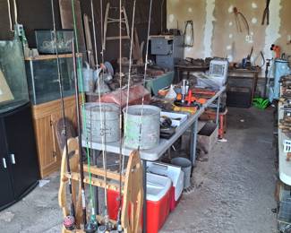 Lots to See in the Garage! Fishing Poles, Lures and Tackle Box, Minnow Buckets and Lots of Tools!