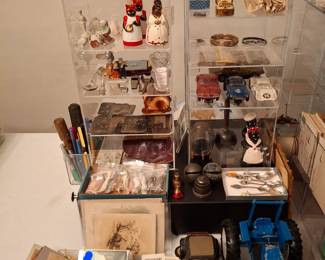 Very Nice Variety of Antique Goodies Including Aunt Jemimma S&P Shakers, Mini Bisque Dolls, Local Adverting Pieces, Local Postcards, Ford Toy Tractor, 4 Vintage Slot Cars, Slot Car Bodies, Parts and Track, Tin Type Pictures, 1960s License Plate Year Tags and More!