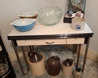 Very Nice Granite Kitchen Table, Large Cut Glass Punch Bowl Set and Pyrex Mixing Bowls!