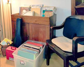 Antique Dry Sink, Violin, Records, Courthouse Chair, Sheet Music