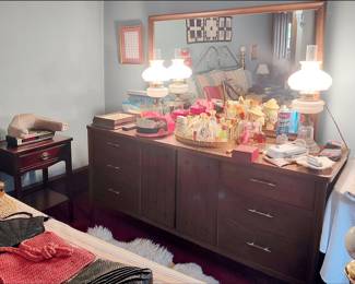 Midcentury Lane Dresser and Mirror, Converted Oil Lamps, Perfume Bottle Collection