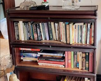 Barrister Bookcase with books, Victorian Oil Lamp, Earrings