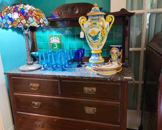 Wash stand with Art Noveau tiles and marbel top. Italian urn, decorator lamp
