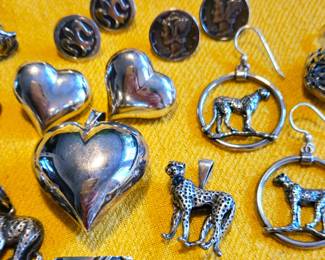 Sterling earring and pendant sets, earrings, James Avery dove dangle ring, round locket, tie tack, ear studs.
