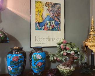 Kandinsky poster, jade peach tree, Thai dancer's headdress, pair of cloisonne vases.