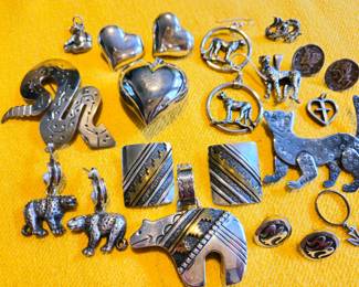 Sterling silver pins, bear pendant and clip earring set.