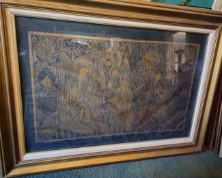 Large scene in the style of a brass rubbing. Approx 30 x 48.