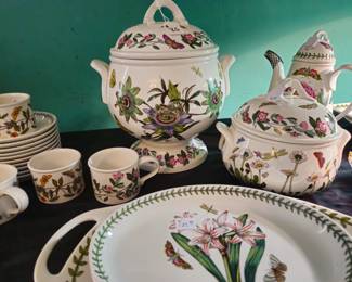 Portmeirion part set: tureen, cups and saucers, covered casserole, coffee pot, platter