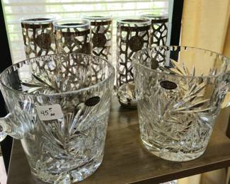 Mexican sterling silver overlay glasses, and two crystal wine coolers or ice buckets.