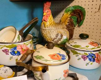 Villeroy & Boch Amapola pots and pans shown with a ceramic rooster tureen.