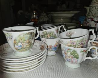 Bunnikins cups and saucers, five designs.
