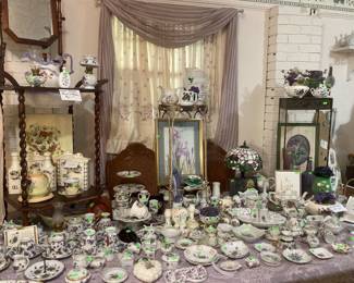 Wash stand with pitcher and bowl.
Lots of violet dishes.