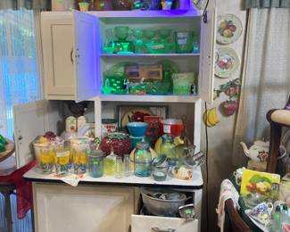 Great old kitchen cabinet.
Vaseline glass.
Misc vintage items-crocks, rolling pins, Pyrex etc.