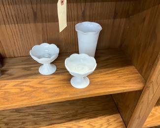 White Milk Glass Taper Candle Holders & Vase