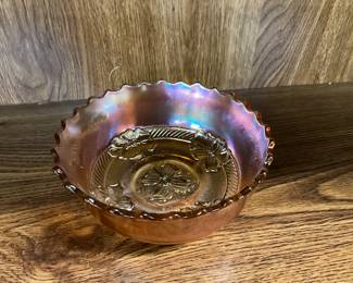 Dugan Apple Blossoms Marigold Carnival Glass Bowl