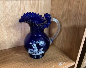 Cobalt Blue Glass Mary Gregory Hand Blown Pitcher