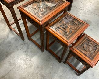 Asian Wooden Carved Set of Nesting Tables