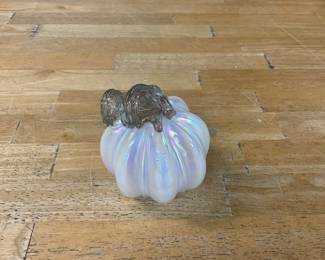White Opalescent Hand Blown Art Glass Pumpkin