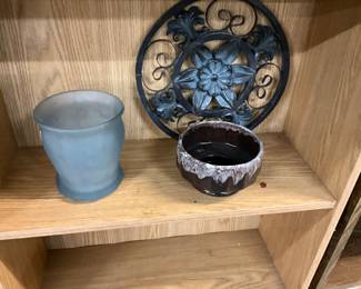 Indiana Glass Ice Blue Satin Frosted Jar - Metal Wall Hanging -Brown Drip Glaze Planter