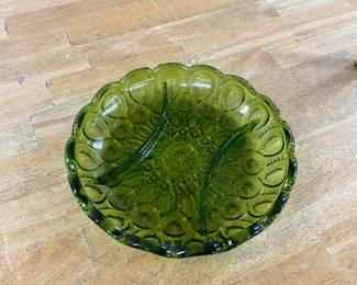 L.E. Smith Green Glass Moon & Stars Divided Relish Dish