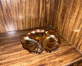 Jeanette Carnival Glass Marigold 3 Leaf Clover Nut or Candy Dish
