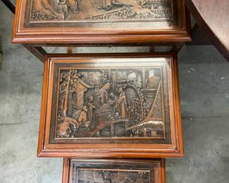 Asian Wooden Carved Set of Nesting Tables