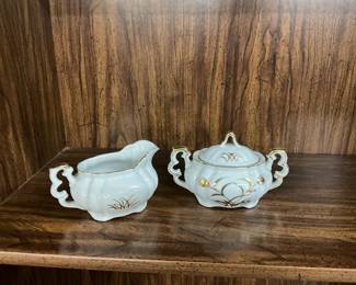 Lefton China Gold Wheat Creamer & Sugar Bowl w/Lid