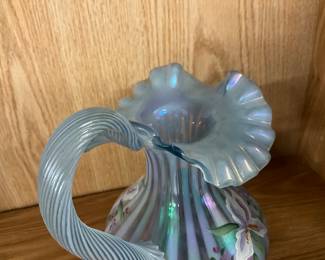 Signed Fenton "Iris on Misty Blue" Iridescent Pitcher / Vase 1997