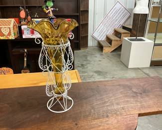 Amber Vase w/White Metal Holder