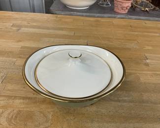Mint-Sage Green & White Serving Bowl w/Lid