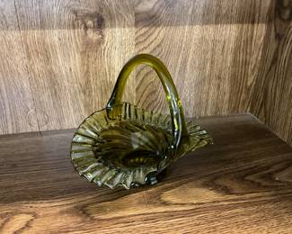 Fenton Glass Green Handled Basket