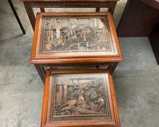 Asian Wooden Carved Set of Nesting Tables