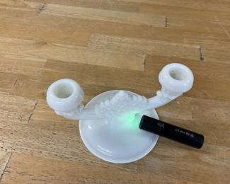 Fenton Uranium White Milk Glass Double Candlestick Holder