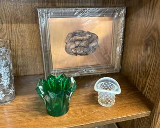 Framed Print - Mikasa Skyline Green Crystal Votive Holder - Fenton Opalescent Hobnail Top Hat Toothpick Holder