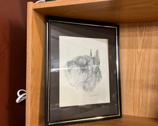 Framed Signed Schnauzer Pencil Drawing