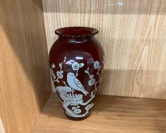 Anchor Hocking Ruby Red Glass Hoover Vase w/White Silk-Screened Birds & Flowers